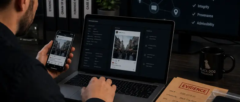  Forensic examiner analyzing social media evidence during an investigation
