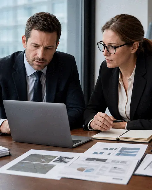 Legal and corporate professionals reviewing OSINT findings for an investigation